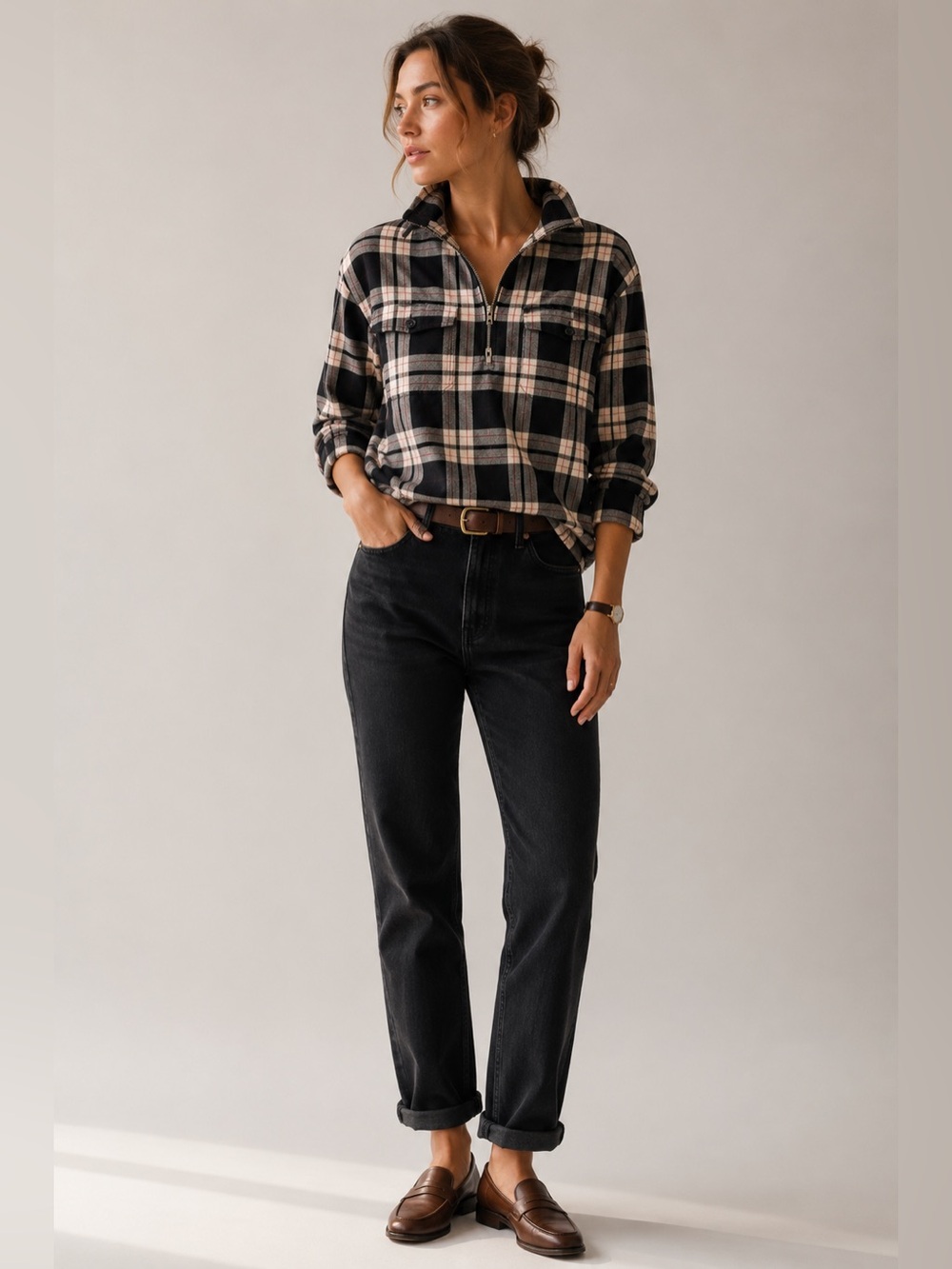Jones New York Sport Black White Red Plaid 1/4 Zip Cotton Pullover Shirt | M